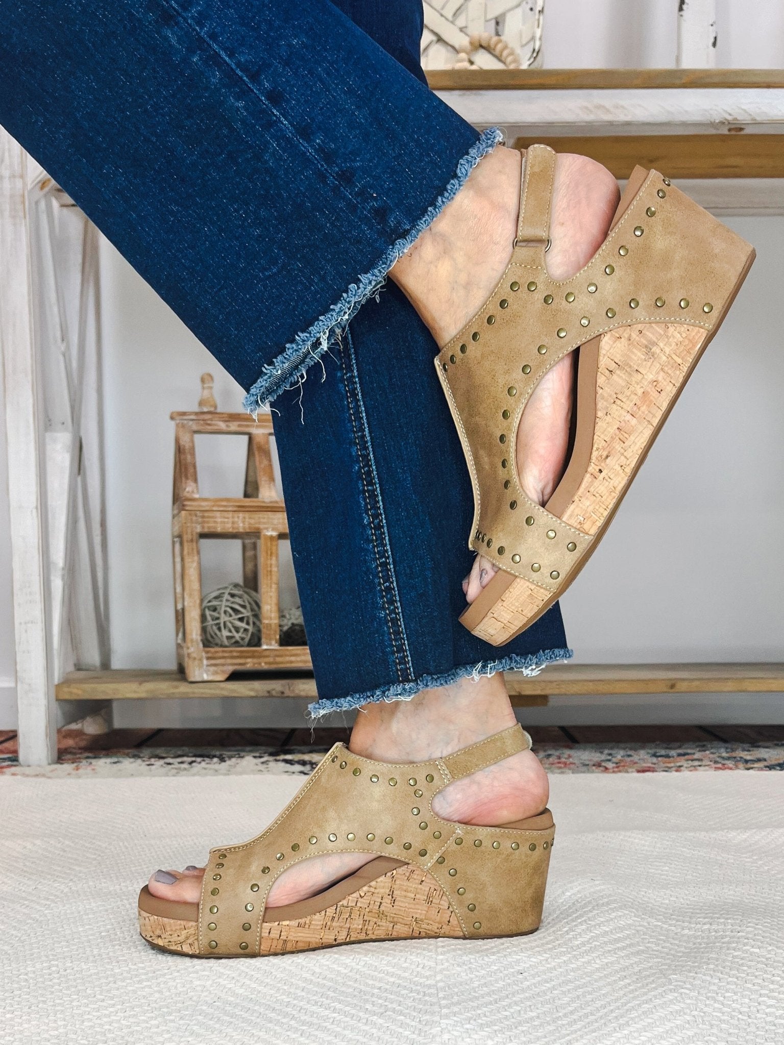 Carley Wedge Sandal - Taupe Oil with Studs - Lavender Hills BeautyCorkys Footwear30 - 5316 - TOST - 6