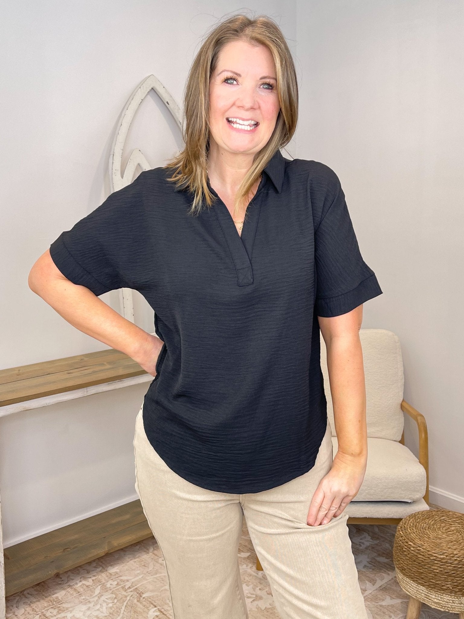 Classic Textured Woven Airflow Collared V - Neck Top - Lavender Hills BeautyZenanaQT-1396D4-WHT-S