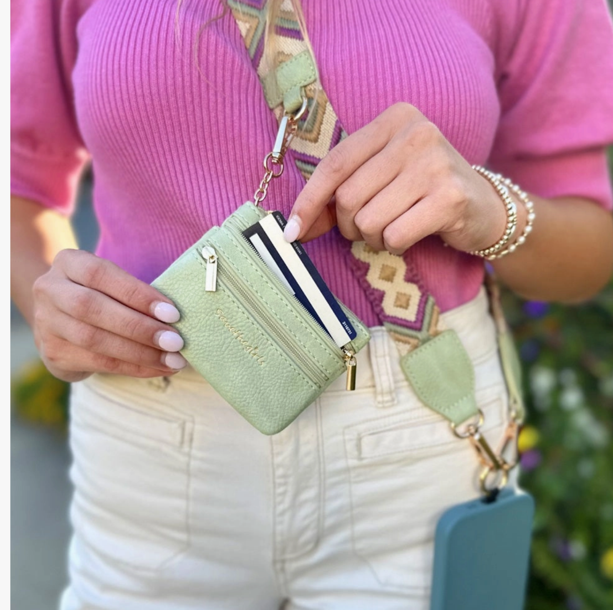 3 - in - 1 Clip & Go Boho Crossbody Strap & Triple - Zip Pouch - Green/Purple Pattern - Lavender Hills BeautySave The GirlsCG-1002GR
