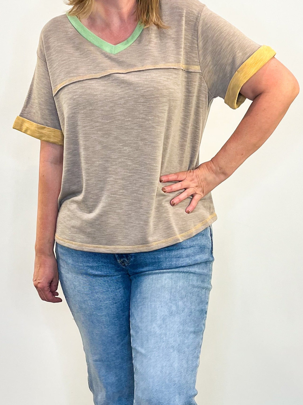 Color Block V - Neck Shirt Top - Mocha - Lavender Hills BeautyHailey & CoST9381 - MOC - S