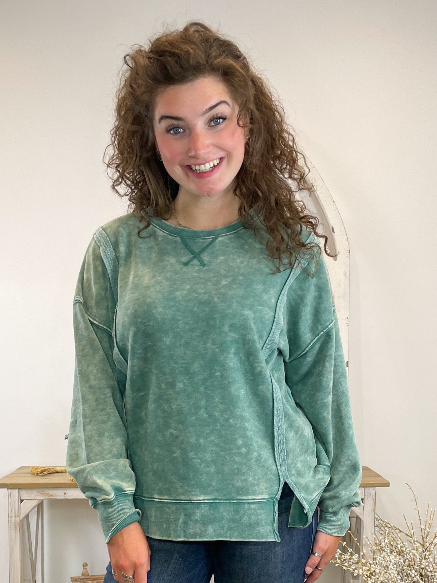 Comfy Crewneck Mineral Washed Sweatshirt Pullover - Green - Lavender Hills BeautyVery JNT1399 - 1 - GRN - S