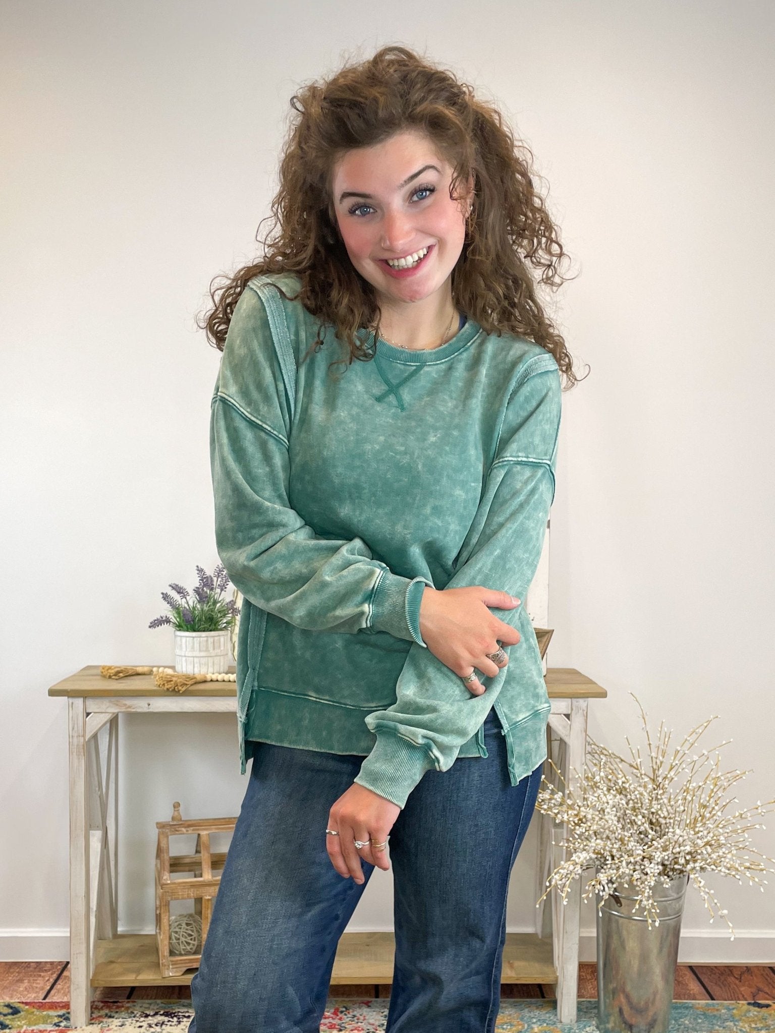 Comfy Crewneck Mineral Washed Sweatshirt Pullover - Green - Lavender Hills BeautyVery JNT1399 - 1 - GRN - S