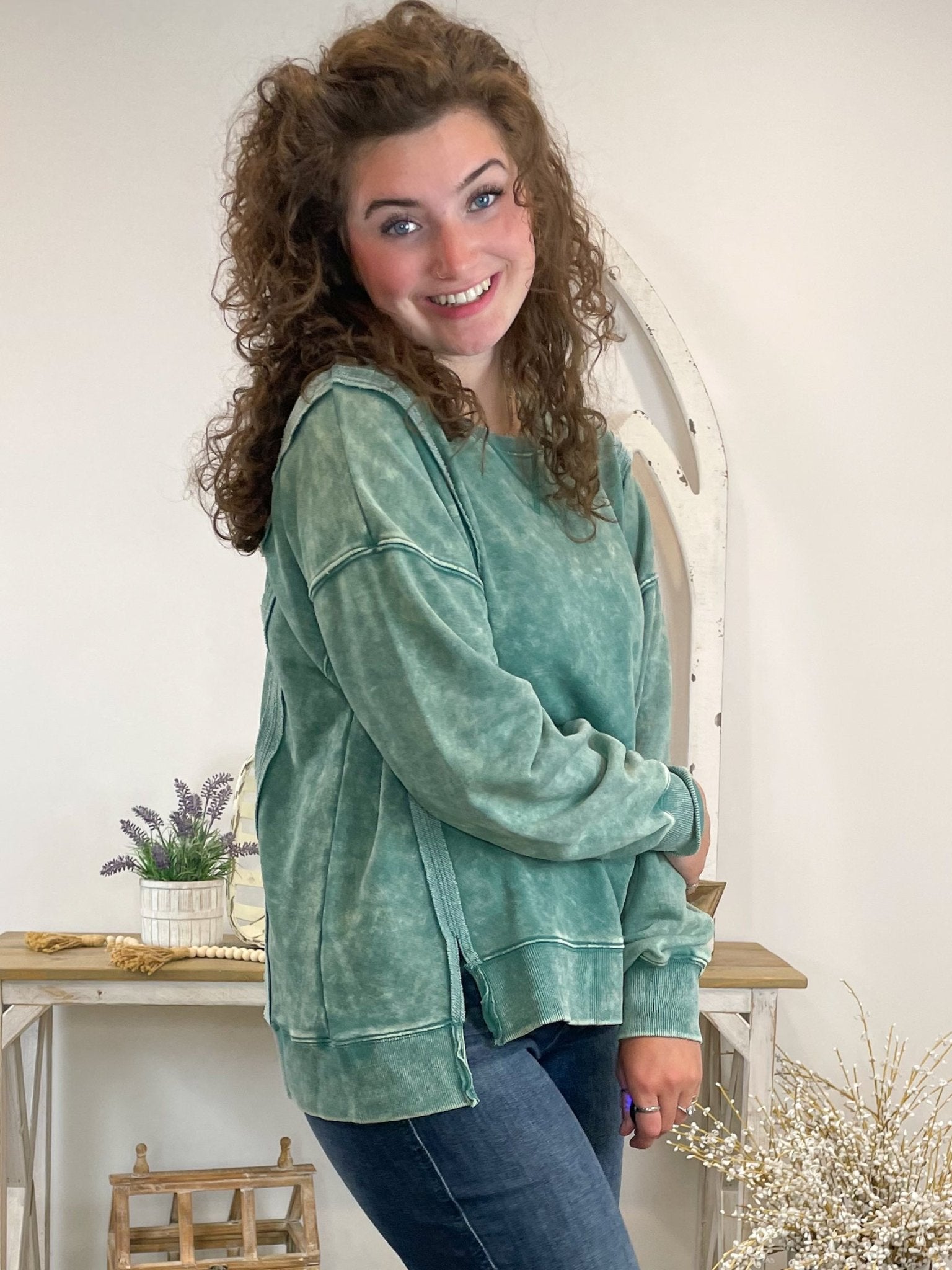 Comfy Crewneck Mineral Washed Sweatshirt Pullover - Green - Lavender Hills BeautyVery JNT1399 - 1 - GRN - S