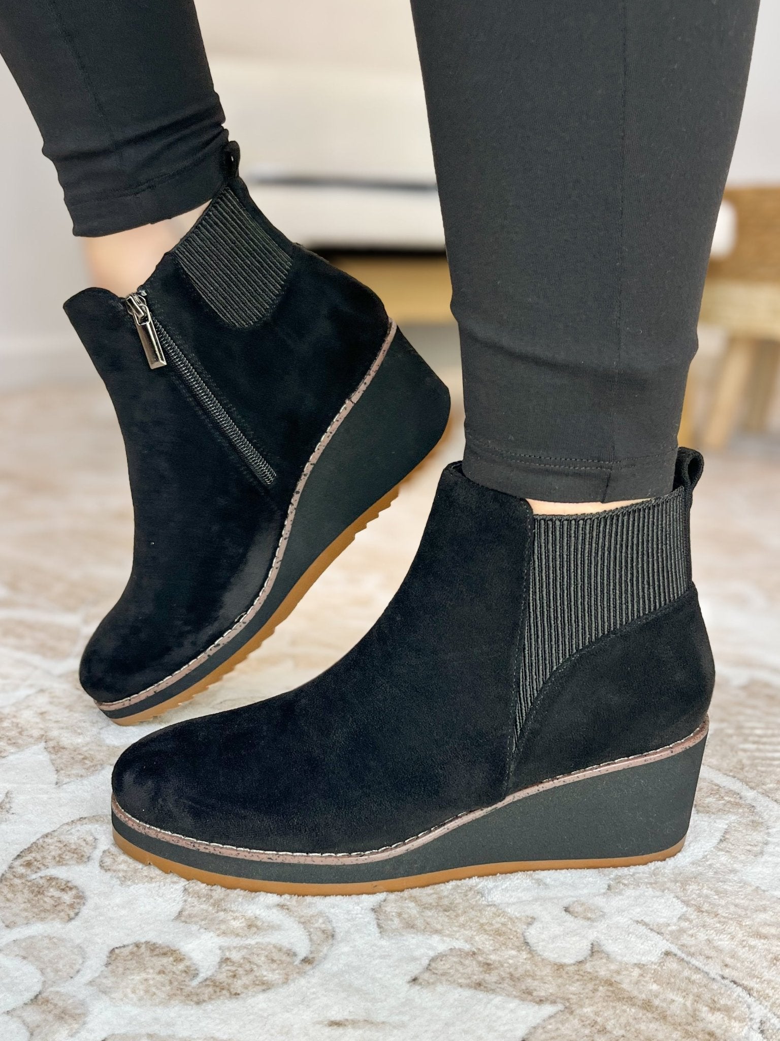 Corkys Footwear Apple Sauced Wedge Shoe Bootie - Black Faux Suede - Lavender Hills BeautyCorkys Footwear80 - 0313 - BKFS - 6