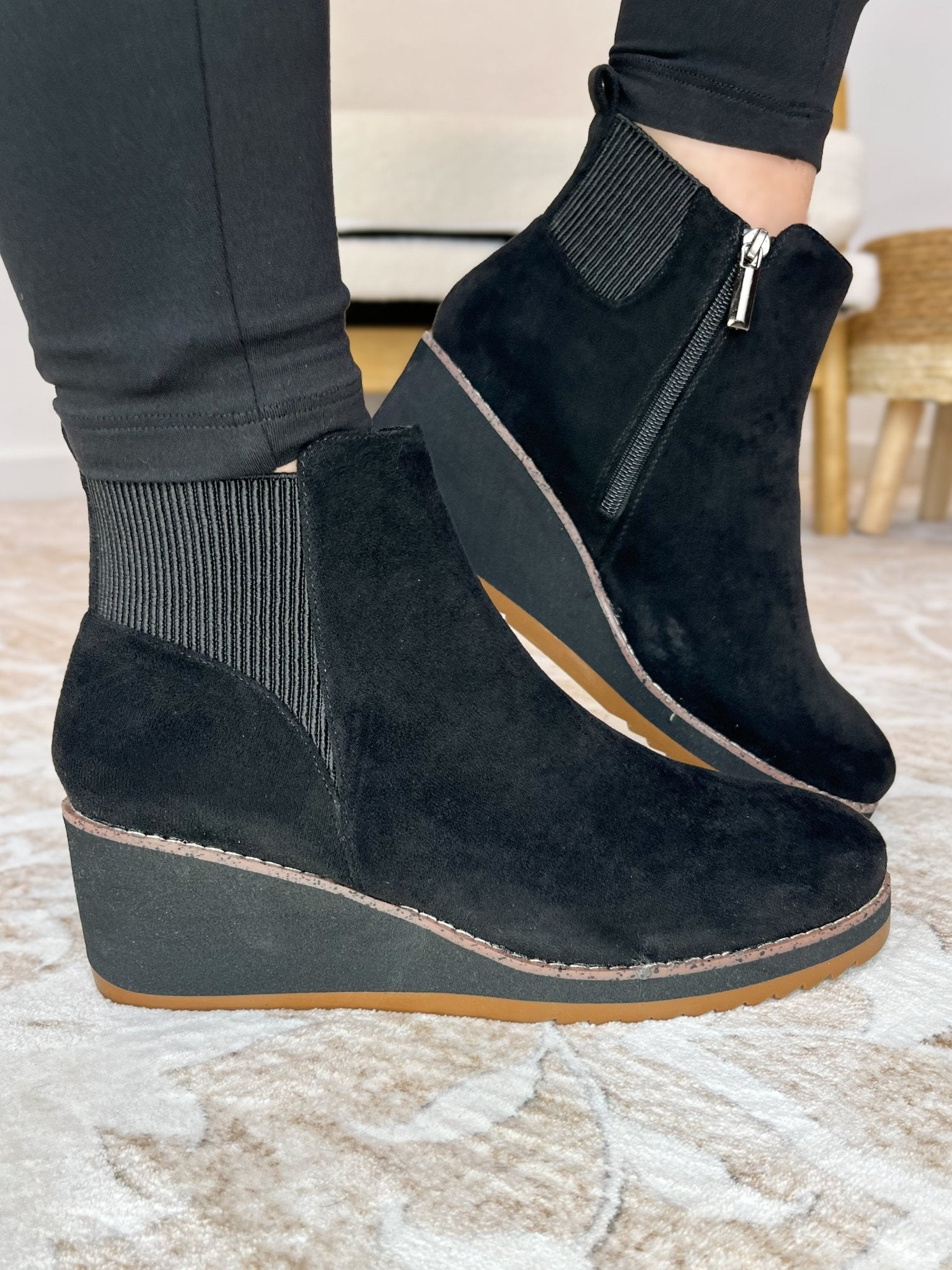 Corkys Footwear Apple Sauced Wedge Shoe Bootie - Black Faux Suede - Lavender Hills BeautyCorkys Footwear80 - 0313 - BKFS - 6