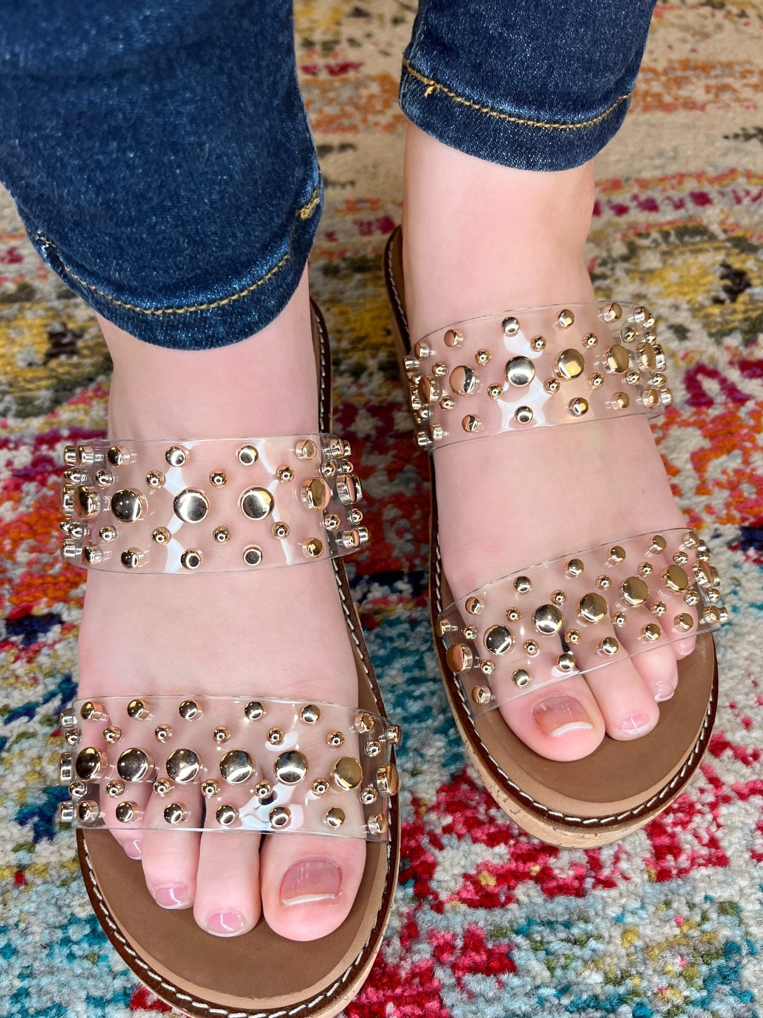 Corky's Footwear Bad Habit Gold Studded Clear Strap Wedge Sandal - Lavender Hills BeautyCorkys Footwear10 - 0169 - CLER - R - 6