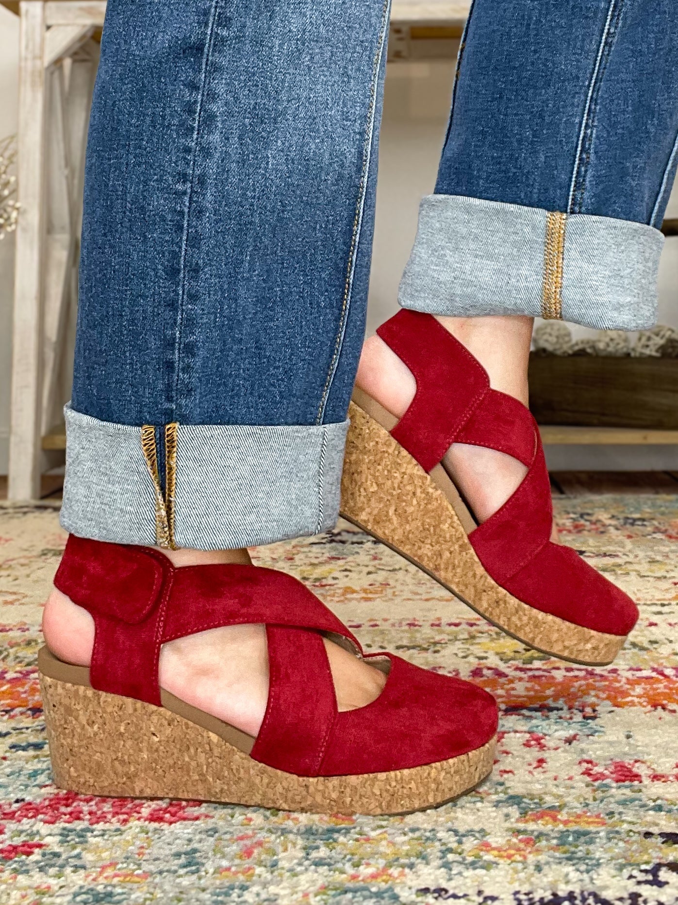 Corkys Footwear Case Closed Wedge Sandal - Dark Red Faux Suede - Lavender Hills BeautyCorkys Footwear10 - 0150 - DRFS - 6