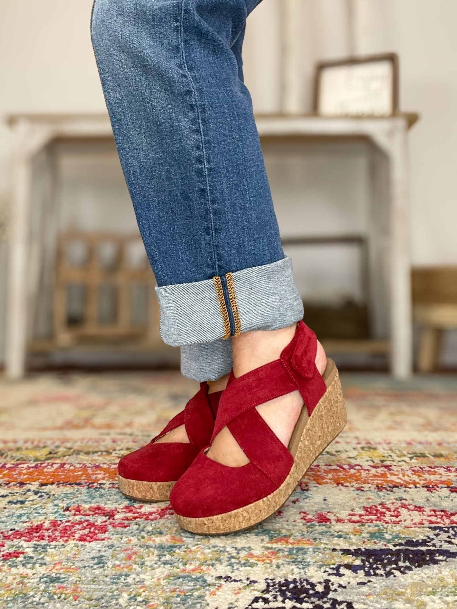 Corkys Footwear Case Closed Wedge Sandal - Dark Red Faux Suede - Lavender Hills BeautyCorkys Footwear10 - 0150 - DRFS - 6