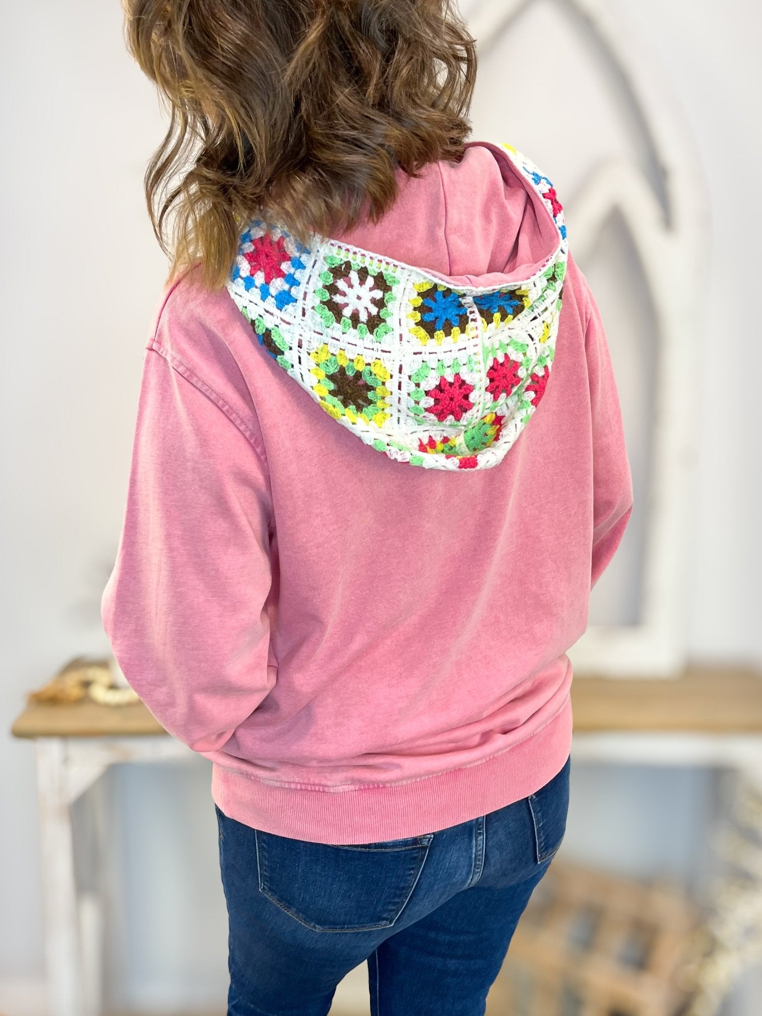 Back view of Crochet Vintage Wash Pullover Hoodie  in Strawberry showing relaxed fit and cozy hood