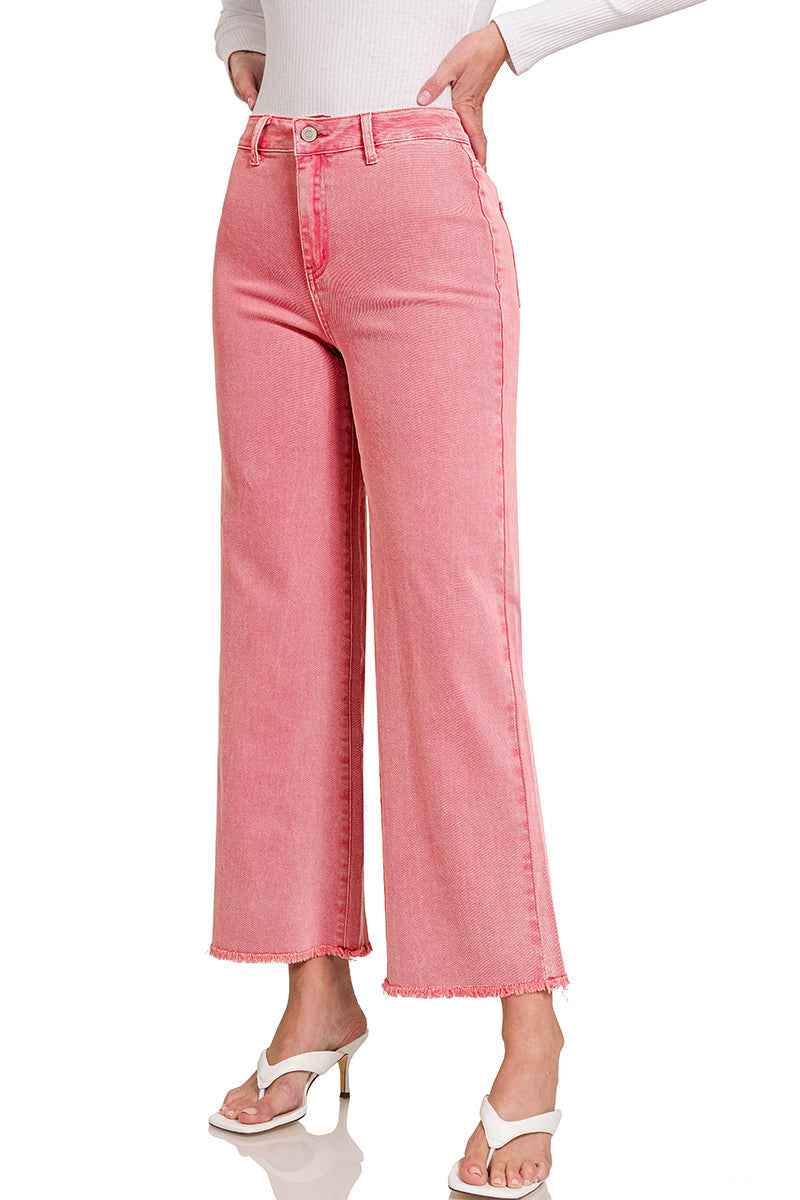 Acid Washed Cropped Straight Wide Pants