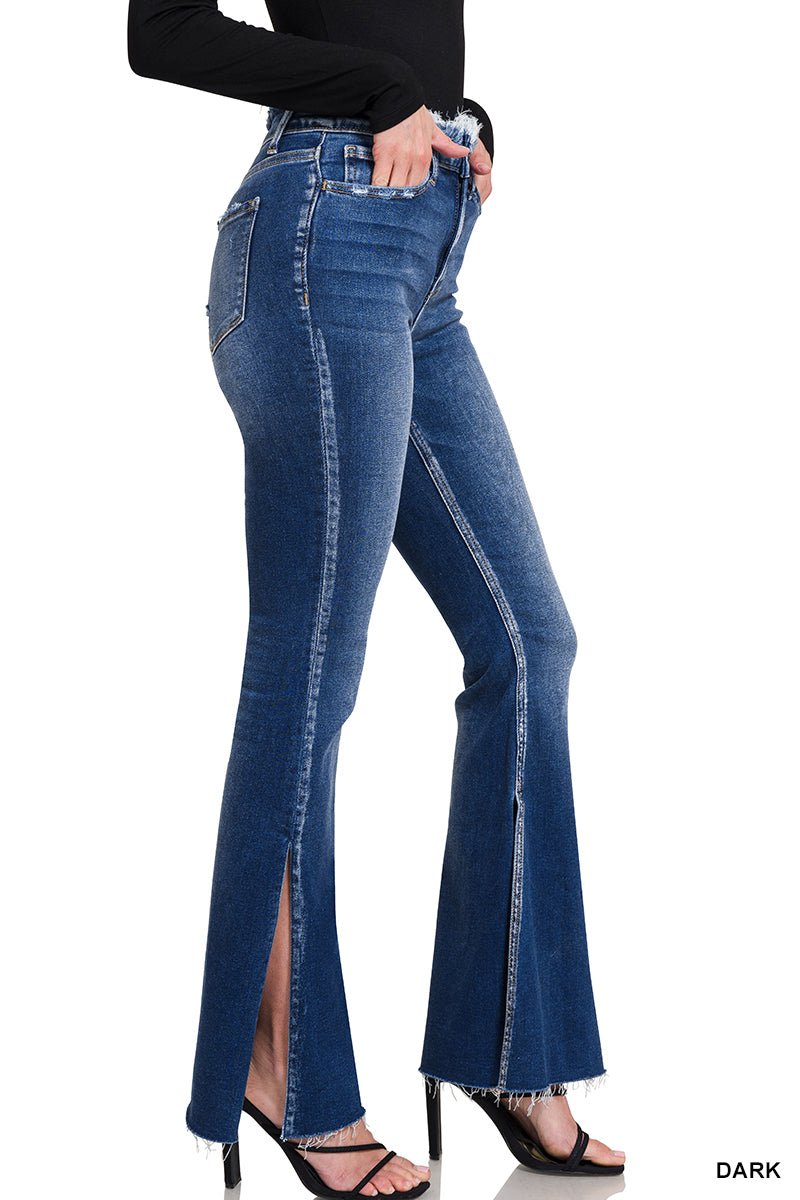 Side Slit Frayed Waist Flare Jeans - Lavender Hills BeautyZenanaDOP-1648DD-4