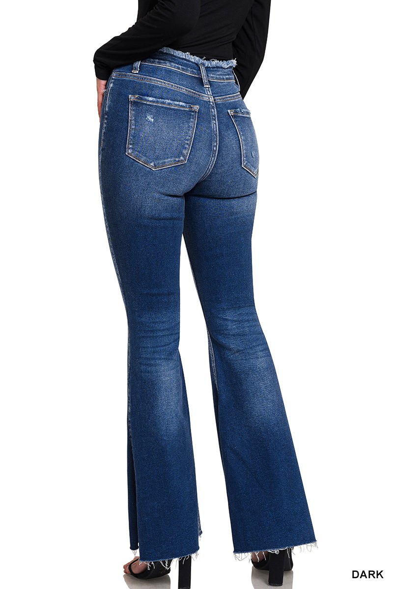 Side Slit Frayed Waist Flare Jeans - Lavender Hills BeautyZenanaDOP-1648DD-4