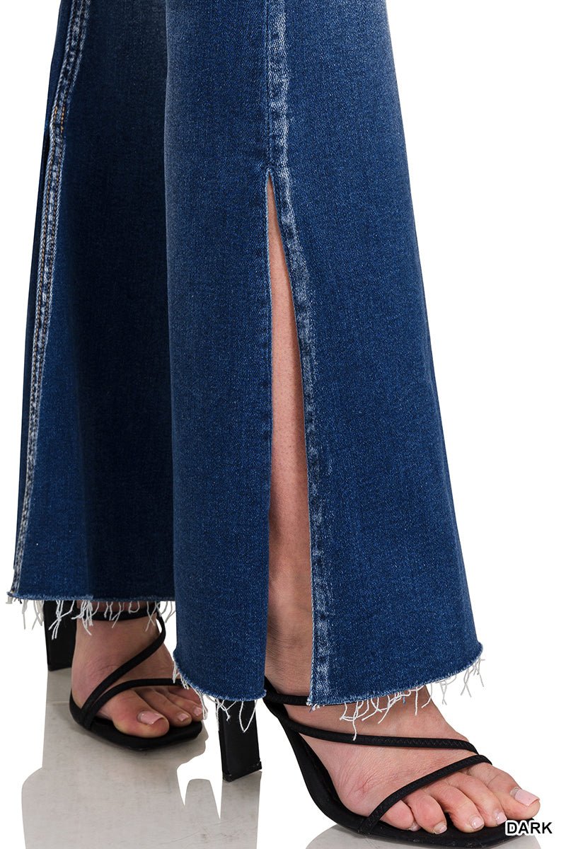 Side Slit Frayed Waist Flare Jeans - Lavender Hills BeautyZenanaDOP-1648DD-4