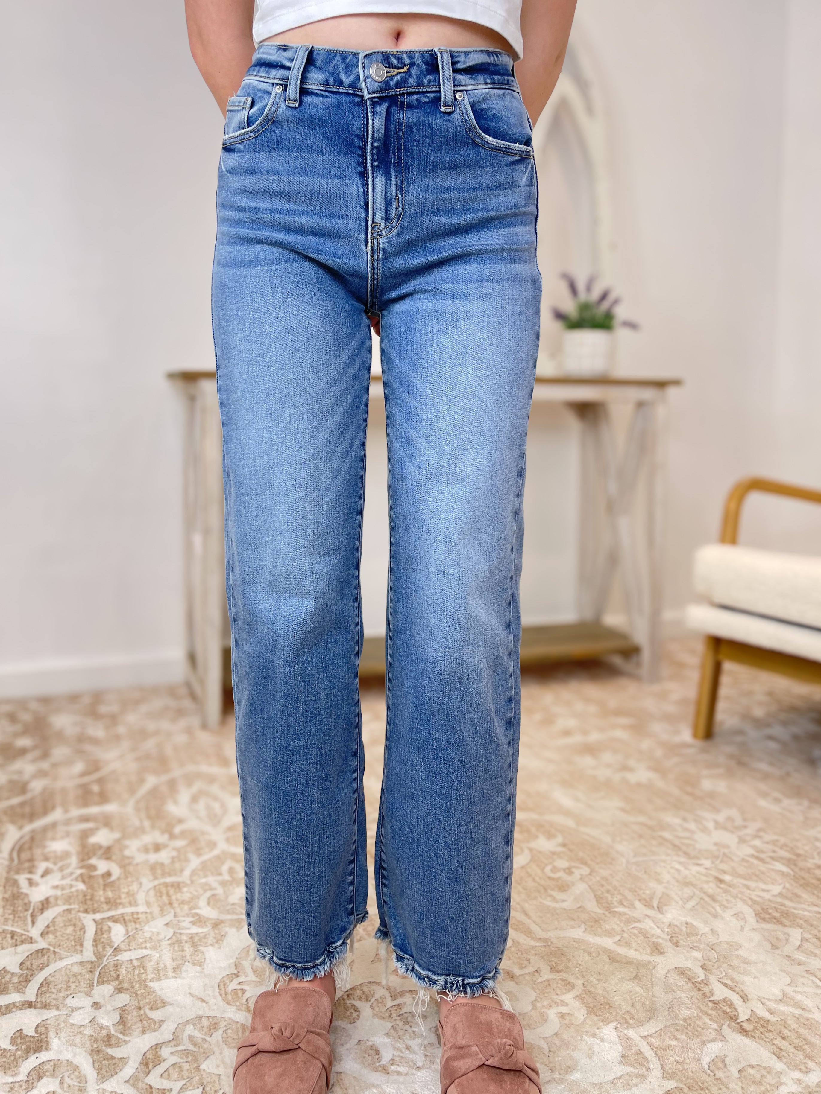 Metro High Rise Frayed Straight Leg Jeans