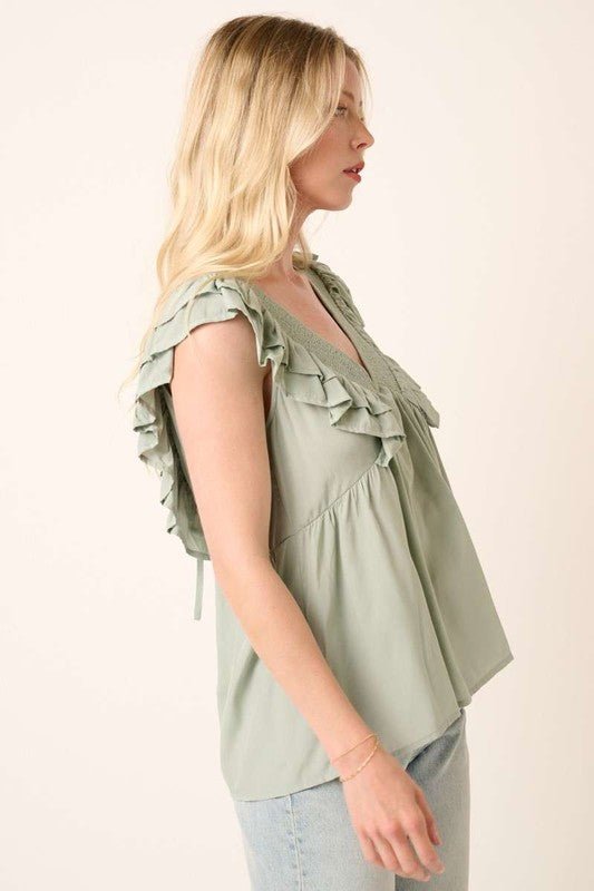 Dusty Sage Ruffle V-Neck Babydoll Blouse - Lavender Hills BeautyMittoshopH14632-SAGE-S