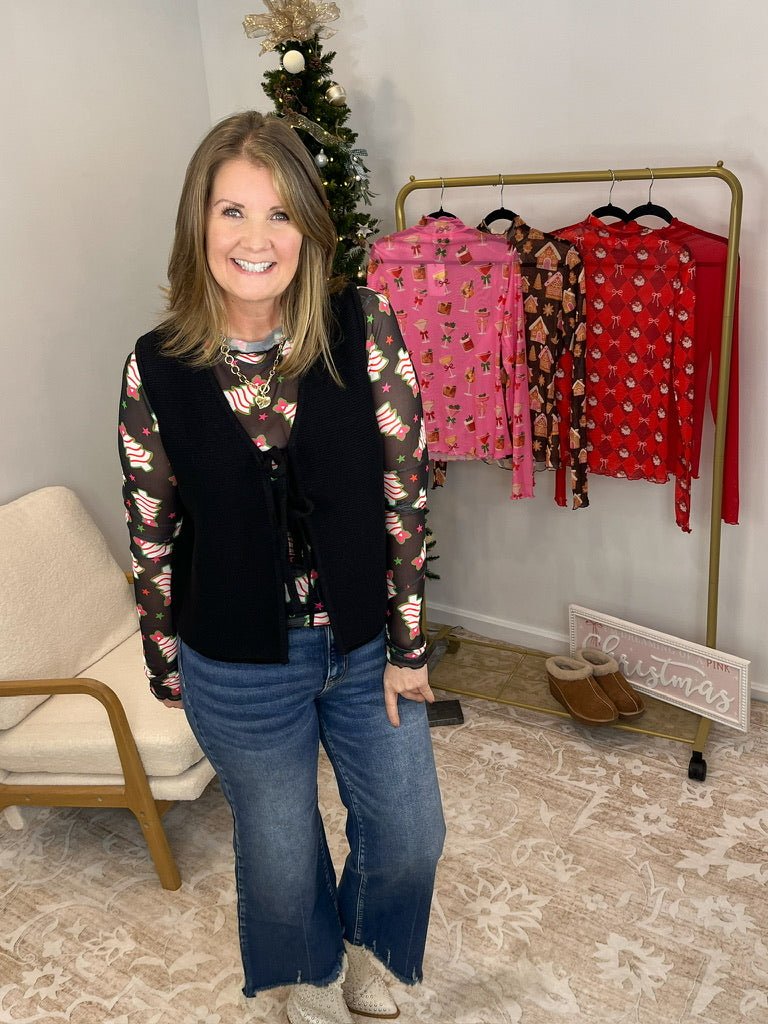 Keigan Mesh Long Sleeve Top Shirt - Bow Christmas Treats - Lavender Hills BeautyJess Lea25090025-S