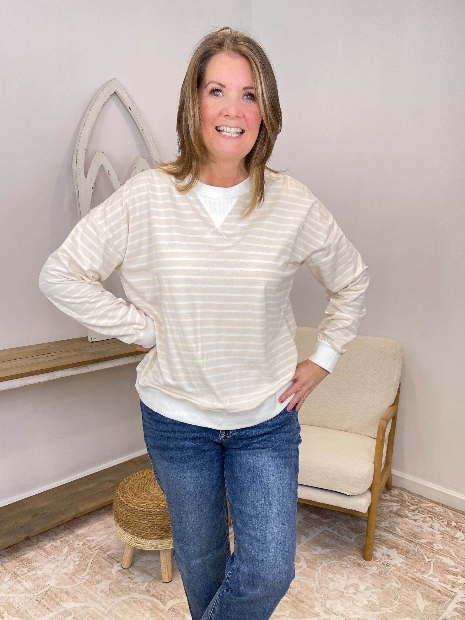 Effortless Striped Pullover Sweatshirt - Lavender Hills BeautyZenanaCT-3557Y-CRL-S