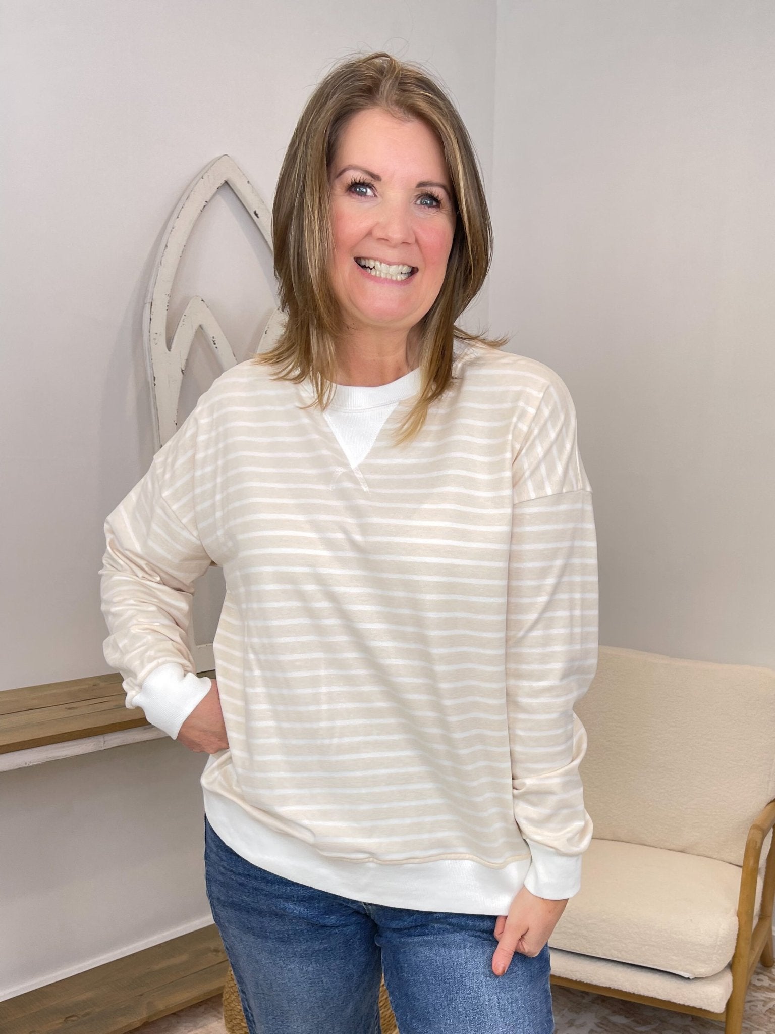 Effortless Striped Pullover Sweatshirt - Lavender Hills BeautyZenanaCT-3557Y-CRL-S