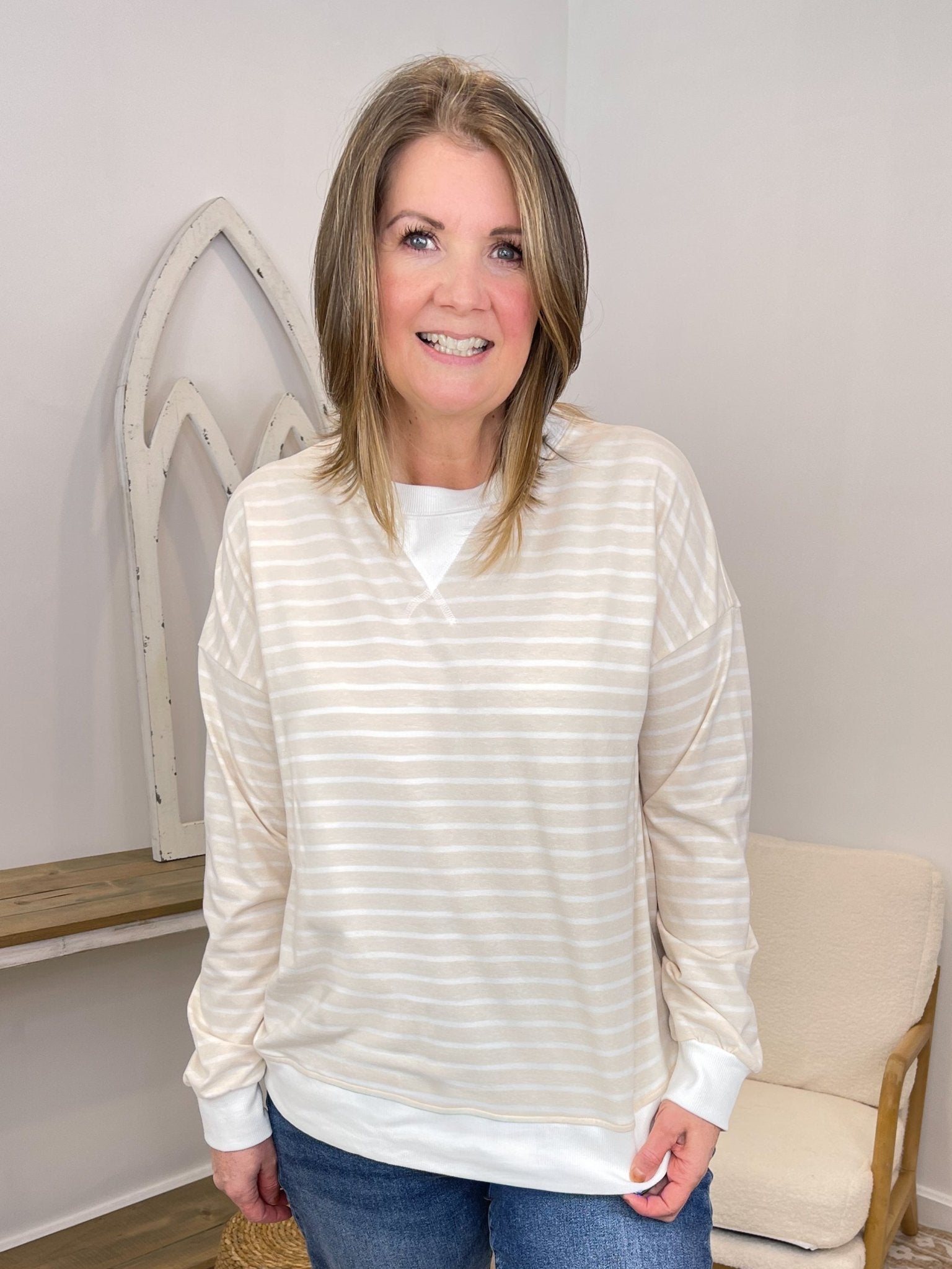 Effortless Striped Pullover Sweatshirt - Lavender Hills BeautyZenanaCT-3557Y-CRL-S