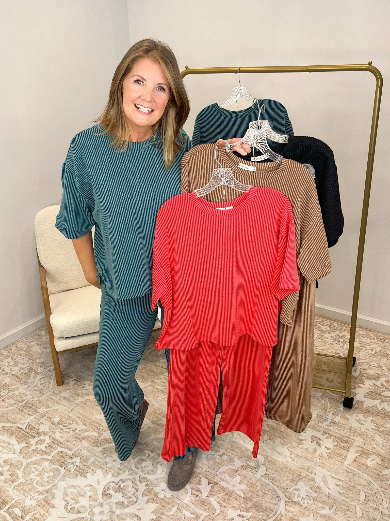 Everyday Lux Duo - 2 Piece Short Sleeve Top & Pants Set - Lavender Hills BeautyZenanaRTLRPL - 8608Y - BRN - S
