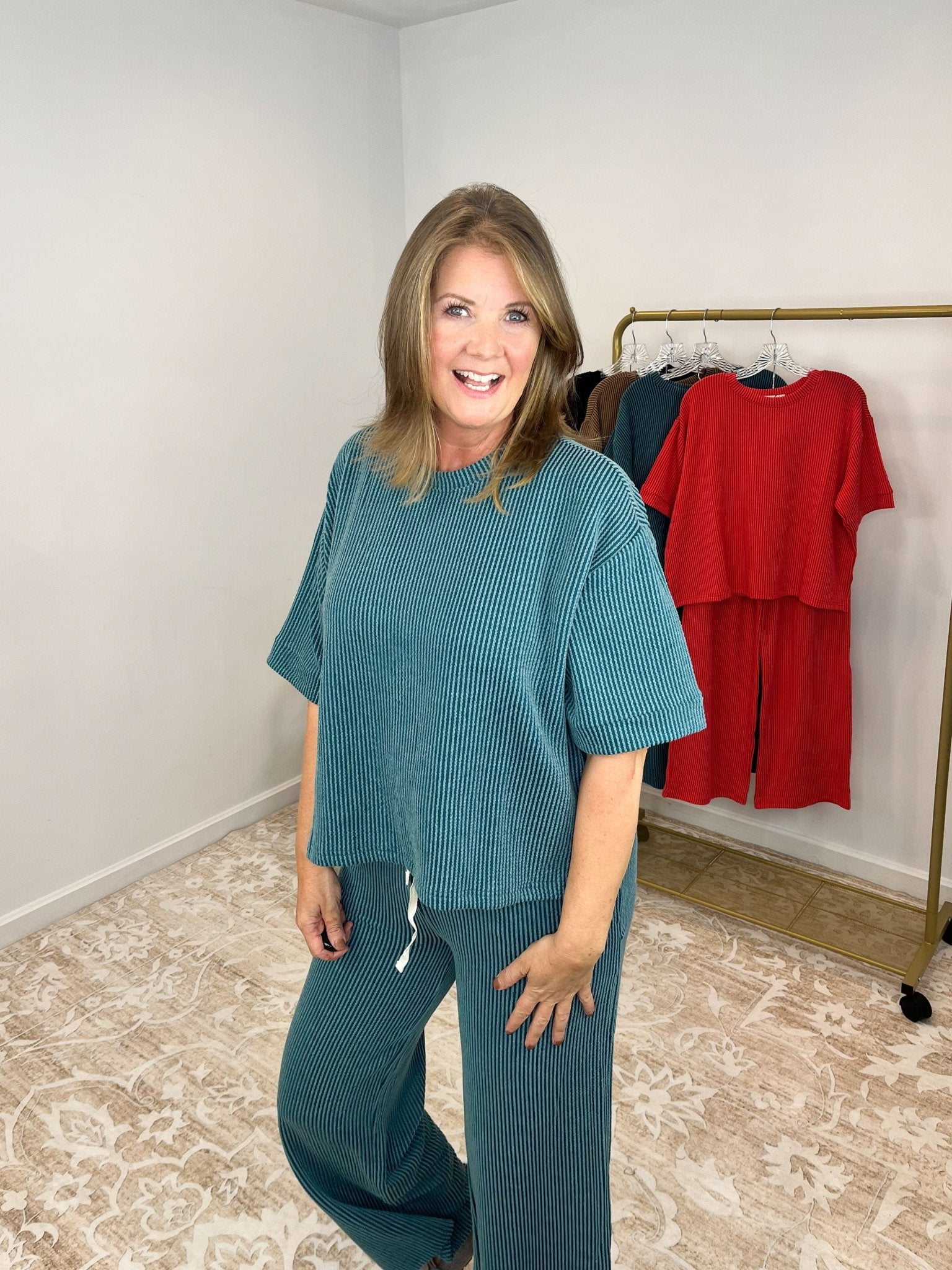 Everyday Lux Duo - 2 Piece Short Sleeve Top & Pants Set - Lavender Hills BeautyZenanaRTLRPL - 8608Y - BLK - S