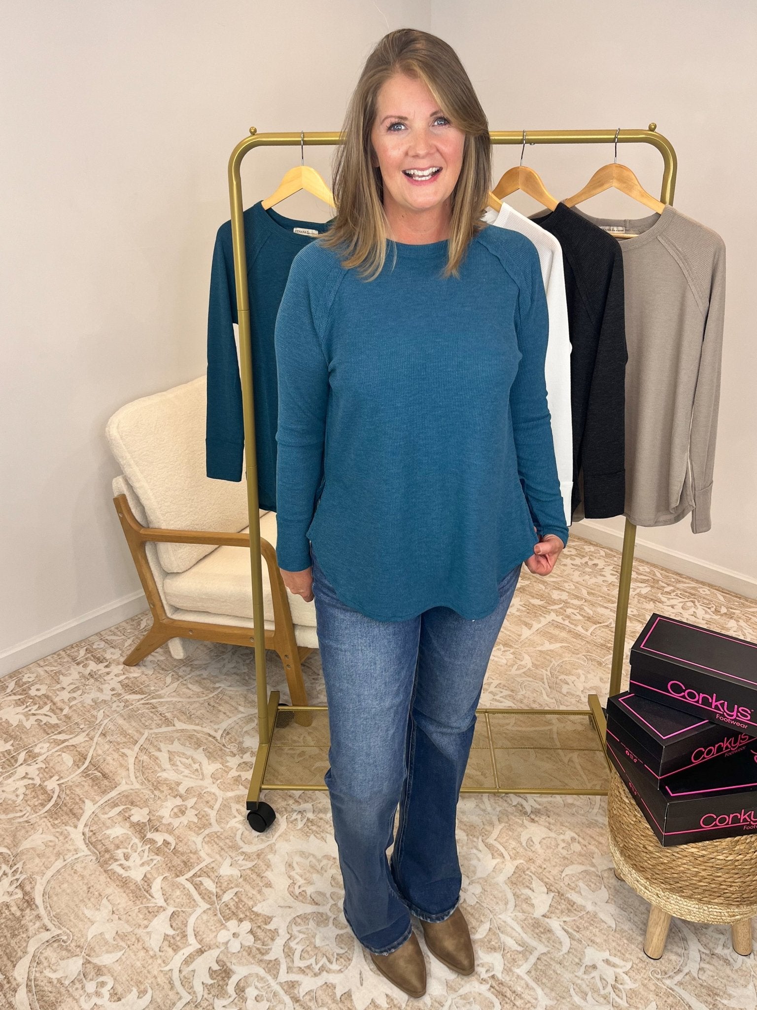 Everyday Waffle Raglan Long Sleeve Top Shirt - Lavender Hills BeautyZenanaJT - 7542M8 - TEL - S