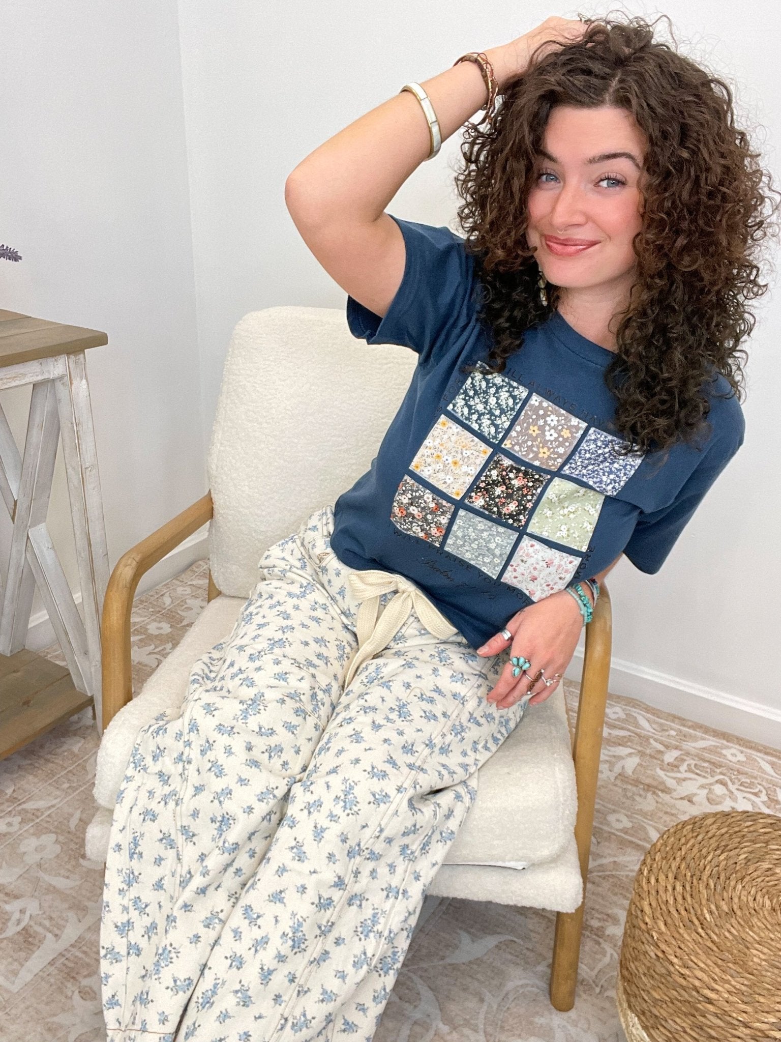 Eyelet Belt Floral Print Denim Barrel Pants - Lavender Hills BeautyPeach Love CaliforniaIP200317-03-S