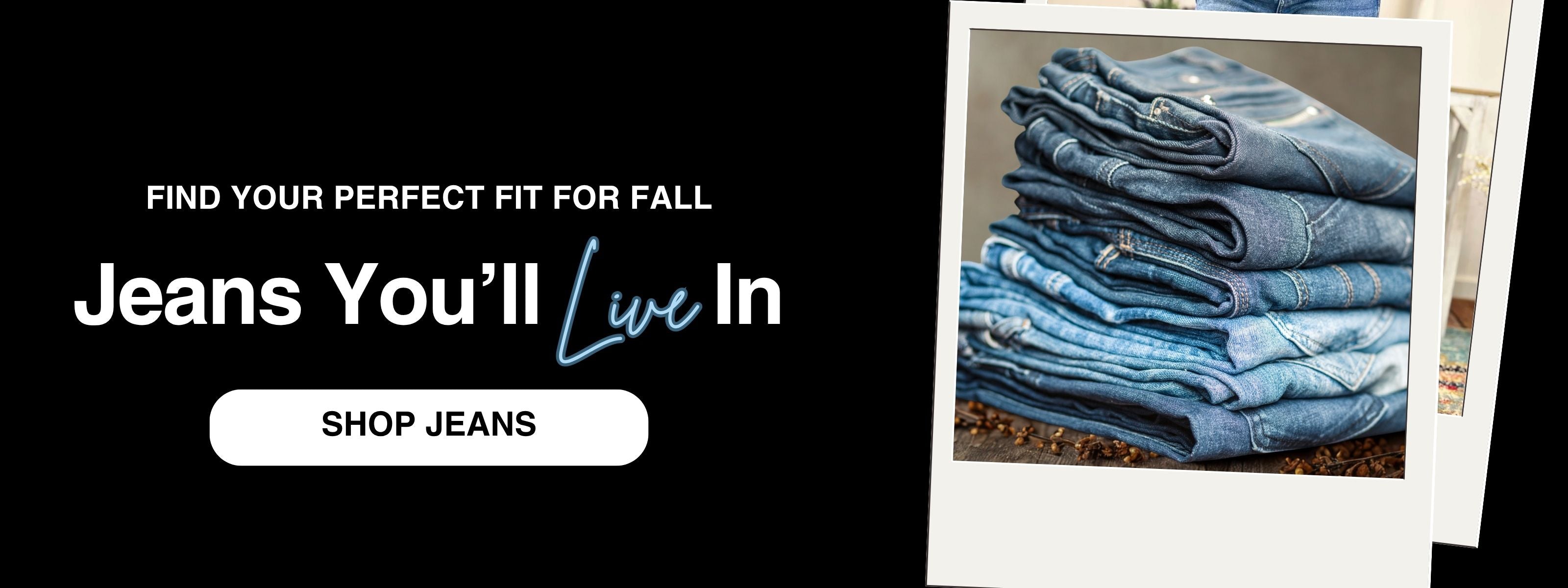Promotional banner for jeans with text and a stack of folded jeans on a black background.