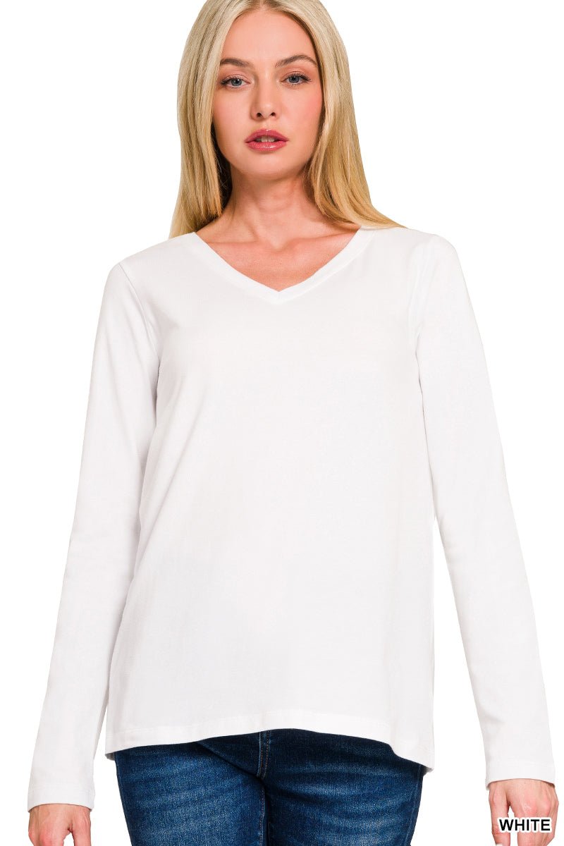 V - Neck Long Sleeve T-Shirt - Lavender Hills BeautyZenanaGT - 1056M8 - WHT - S