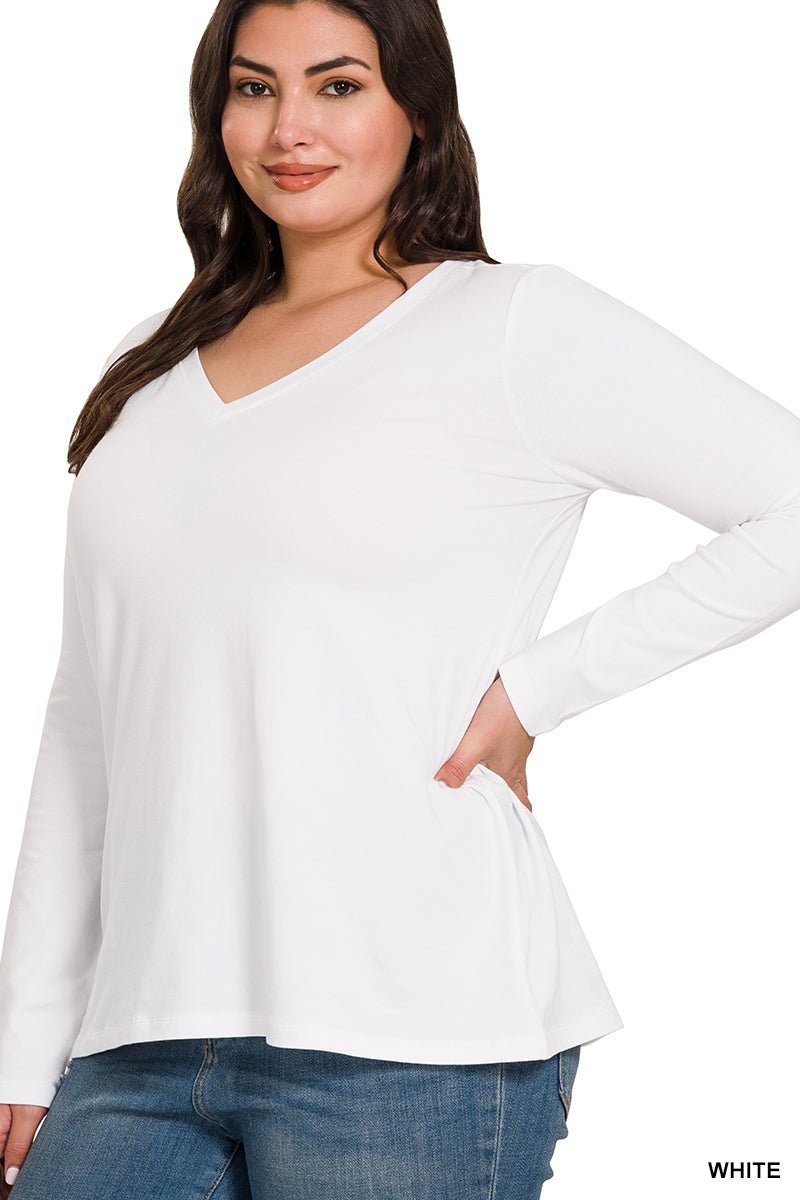 V - Neck Long Sleeve T-Shirt - Lavender Hills BeautyZenanaGT - 1056M8 - WHT - S