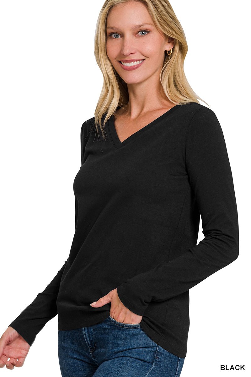 V - Neck Long Sleeve T-Shirt - Lavender Hills BeautyZenanaGT - 1056M8 - BLK - S