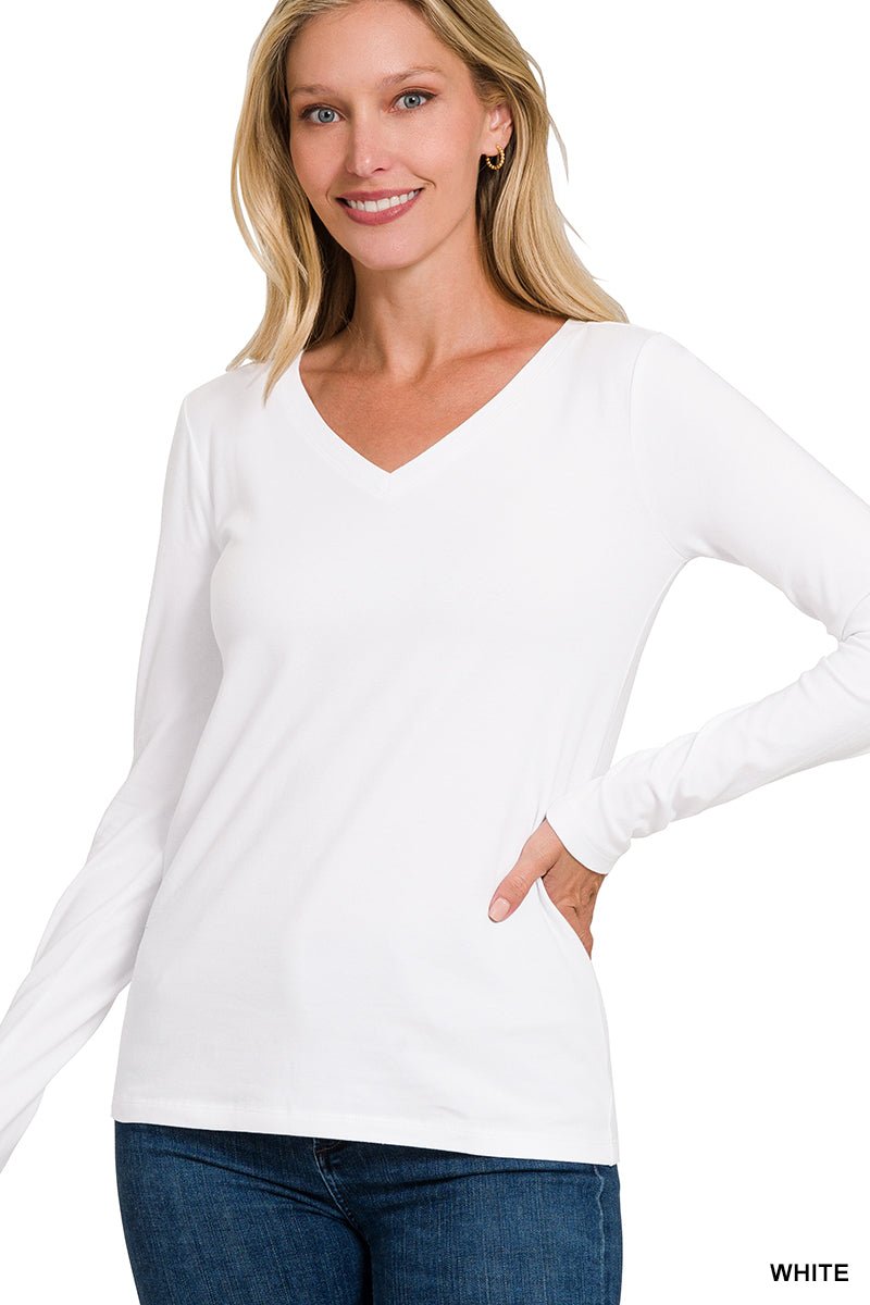 V - Neck Long Sleeve T-Shirt - Lavender Hills BeautyZenanaGT - 1056M8 - WHT - S