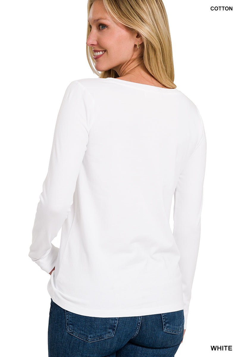 V - Neck Long Sleeve T-Shirt - Lavender Hills BeautyZenanaGT - 1056M8 - WHT - S