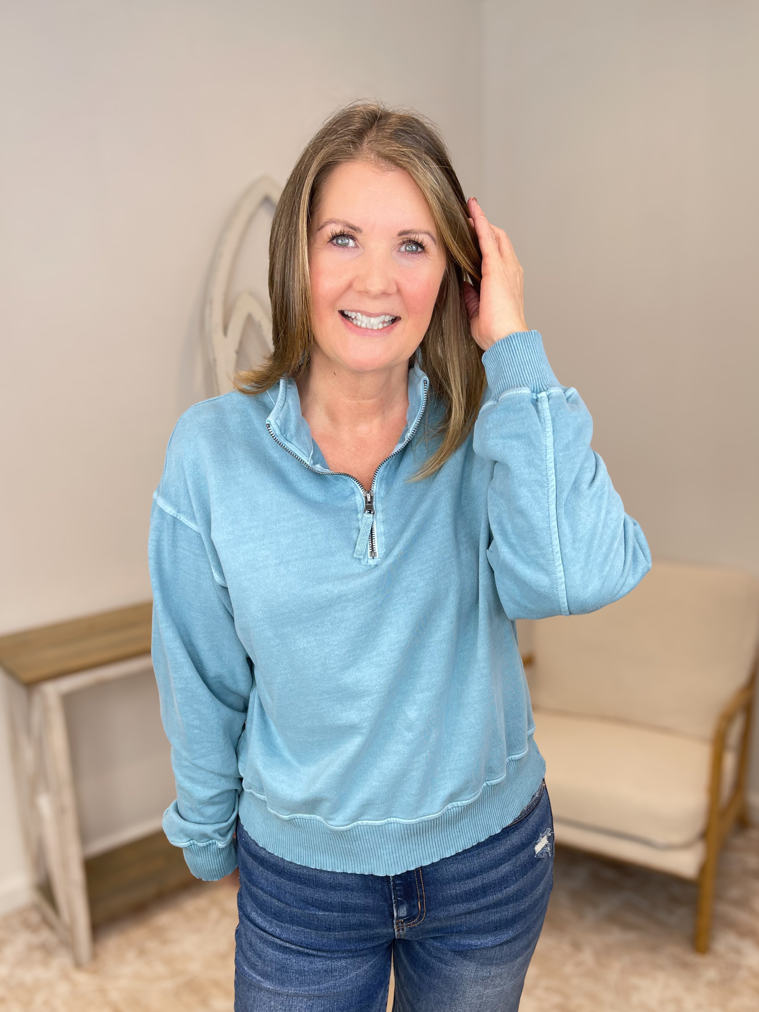 Go-To Half Zip French Terry Sweatshirt Pullover - Blue Grey