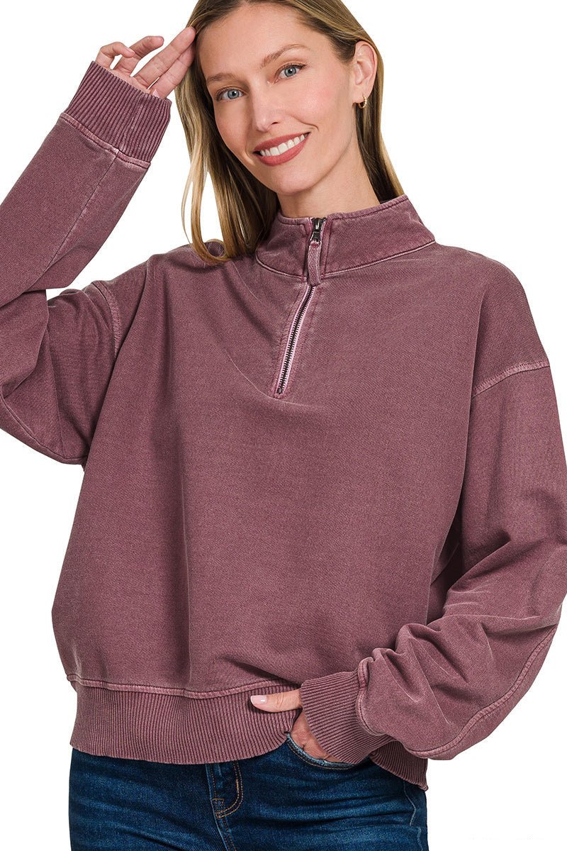 Go - To Half Zip Sweatshirt Pullover - Eggplant - Lavender Hills BeautyZenanaTTW - 5282Y - EGGPNT - S
