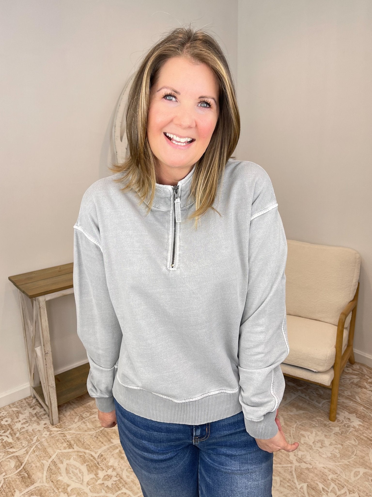 Go - To Half Zip French Terry Sweatshirt Pullover - Sleet - Lavender Hills BeautyZenanaTTW-5282Y-SLT-S