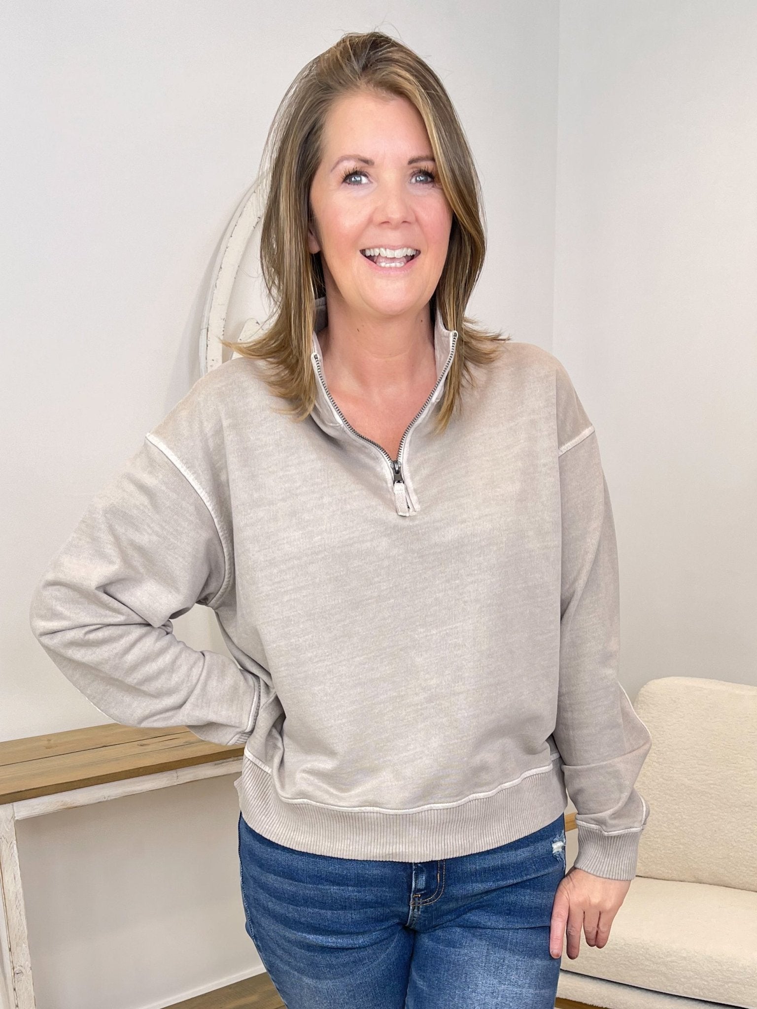 Go - To Half Zip French Terry Sweatshirt Pullover - Ash Mocha - Lavender Hills BeautyZenanaTTW-5282Y-ASHMCA-S