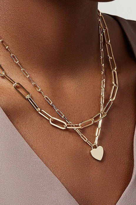 Gold Heart Layered Paperclip Link Chain Necklace - 18K Stainless Steel Tarnish Free - Lavender Hills BeautyJosslyn by Wall to Wall40NK9429