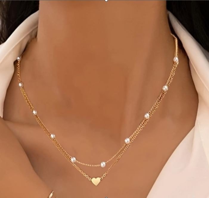 Gold Heart & Pearl Layered Necklace - 18K Stainless Steel Tarnish Free - Lavender Hills BeautyJosslyn by Wall to Wall40NK9436