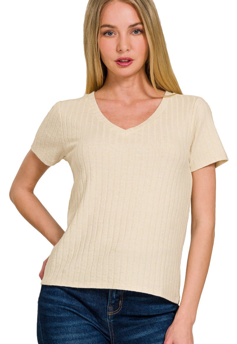 Ribbed V - Neck Short Sleeve Shirt Top - Lavender Hills BeautyZenanaHT-2396A-SNDBEG-S