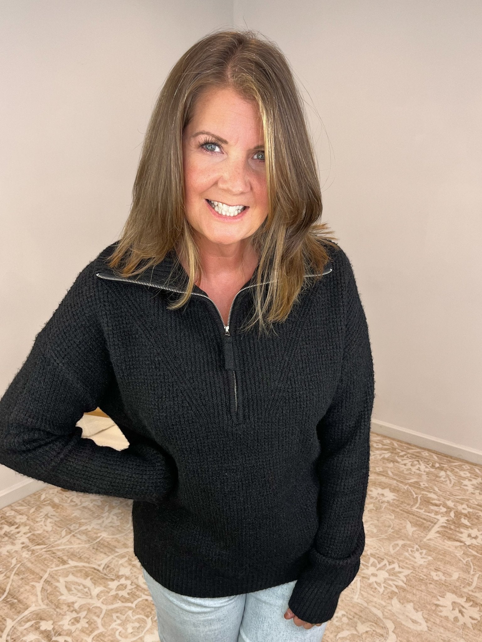 Half Zip Long Sleeve Sweater - Black - Lavender Hills BeautyZenanaTW - 2407Y - BLK - S