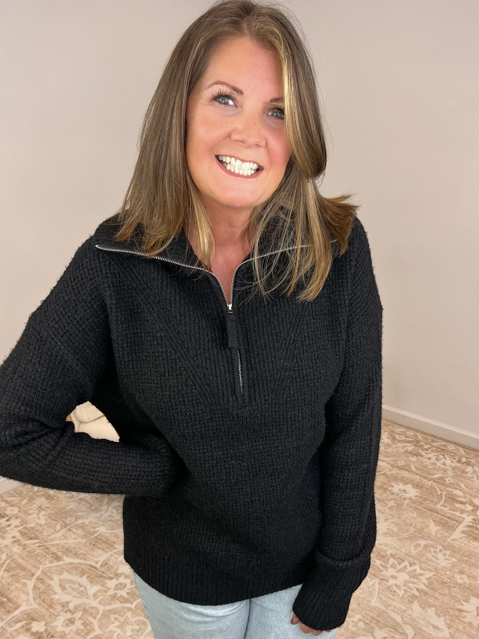 Half Zip Long Sleeve Sweater - Black - Lavender Hills BeautyZenanaTW - 2407Y - BLK - S