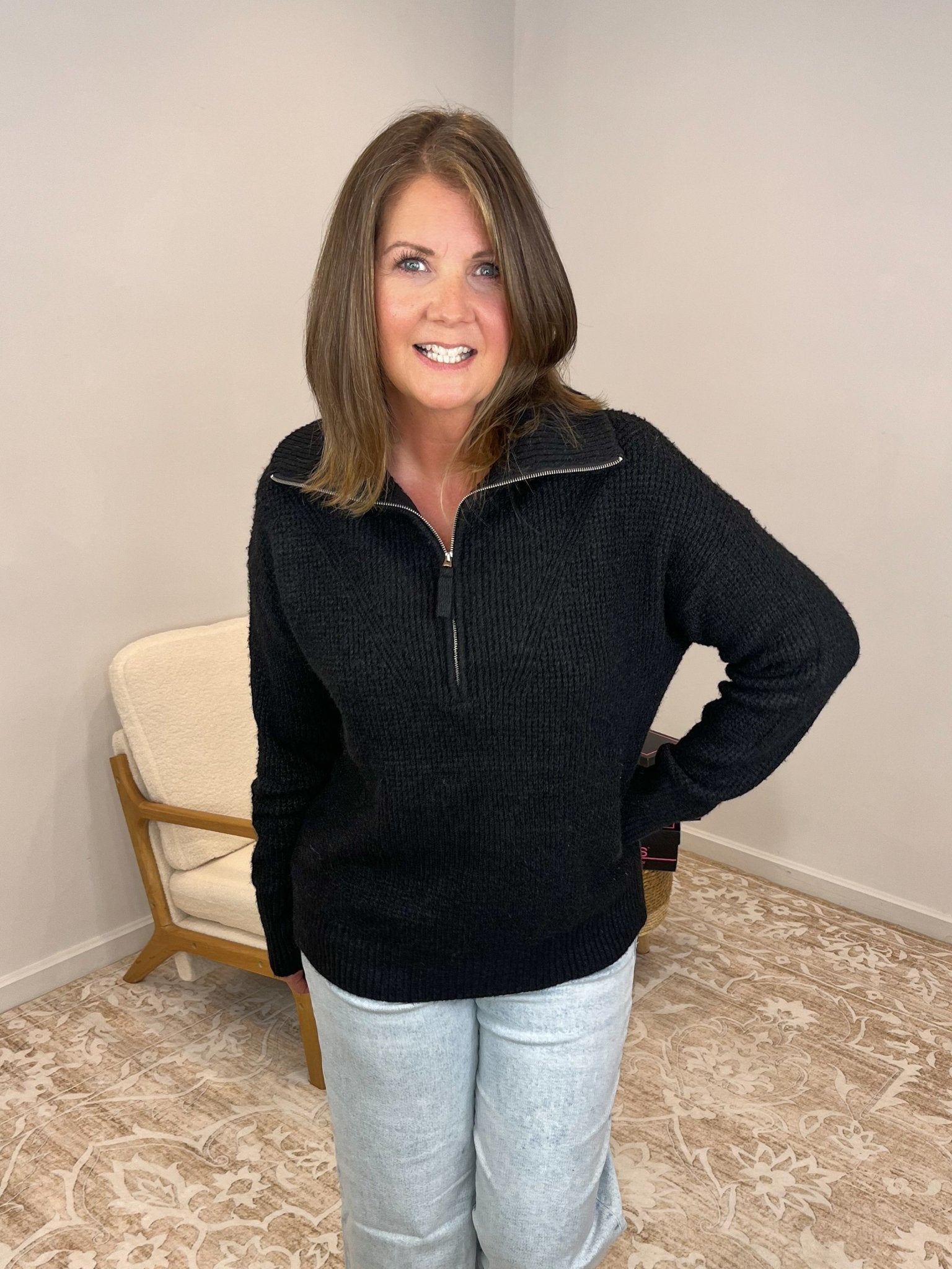 Half Zip Long Sleeve Sweater - Black - Lavender Hills BeautyZenanaTW - 2407Y - BLK - S