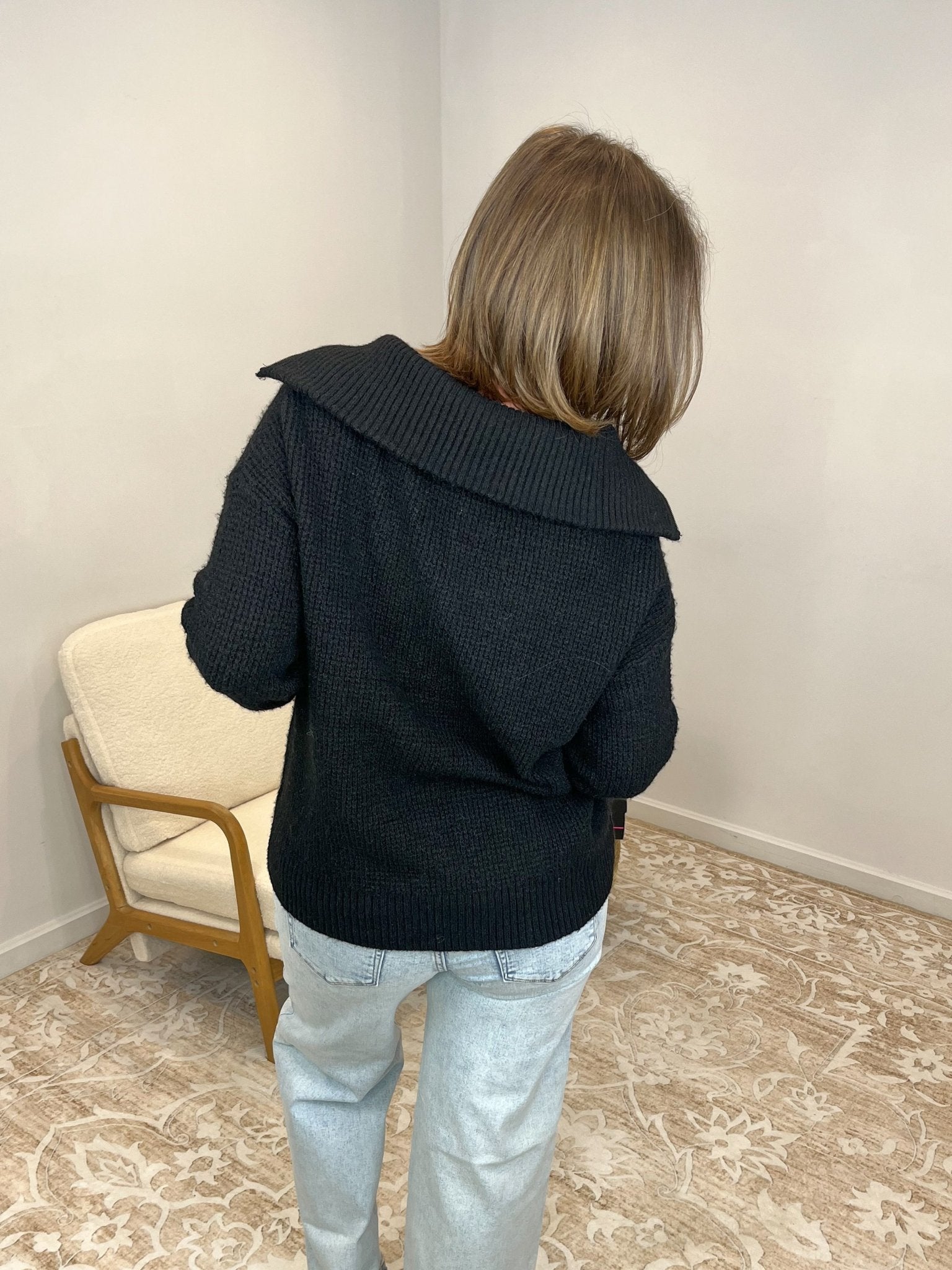 Half Zip Long Sleeve Sweater - Black - Lavender Hills BeautyZenanaTW - 2407Y - BLK - S