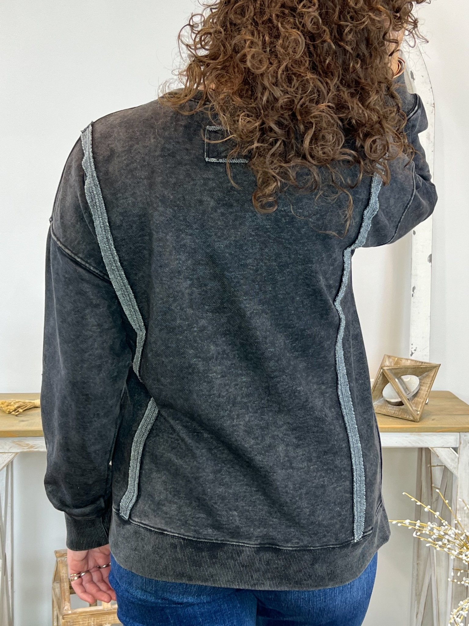 Comfy Crewneck Mineral Washed Sweatshirt Pullover - Black - Lavender Hills BeautyVery JNT1399 - 1 - BLK - S