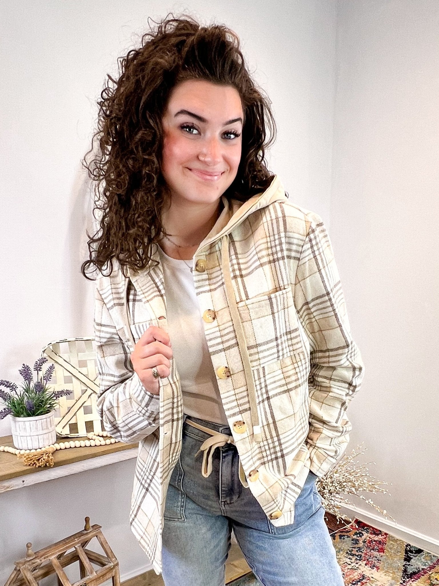 Cinnamon Stroll Plaid Long Sleeve Hood Shirt Jacket Top - Lavender Hills BeautyLavender Hills BeautyNJK6190 - C - S