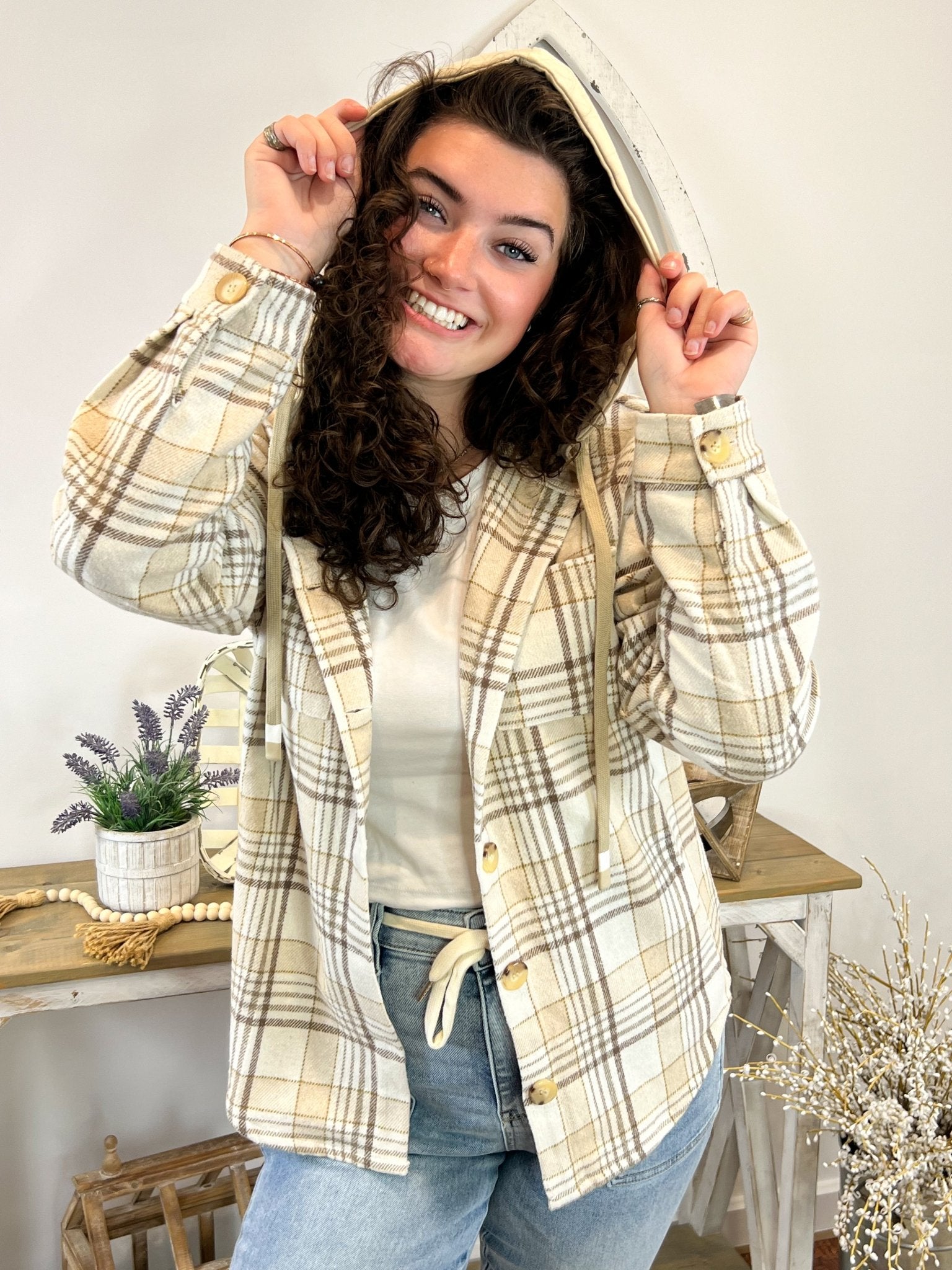 Cinnamon Stroll Plaid Long Sleeve Hood Shirt Jacket Top - Lavender Hills BeautyLavender Hills BeautyNJK6190 - C - S