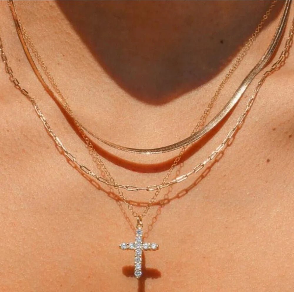 3 Chain Layered Rhinestone Cross Gold Necklace - 18K Tarnish Free - Lavender Hills BeautyJosslyn by Wall to Wall40NK9432