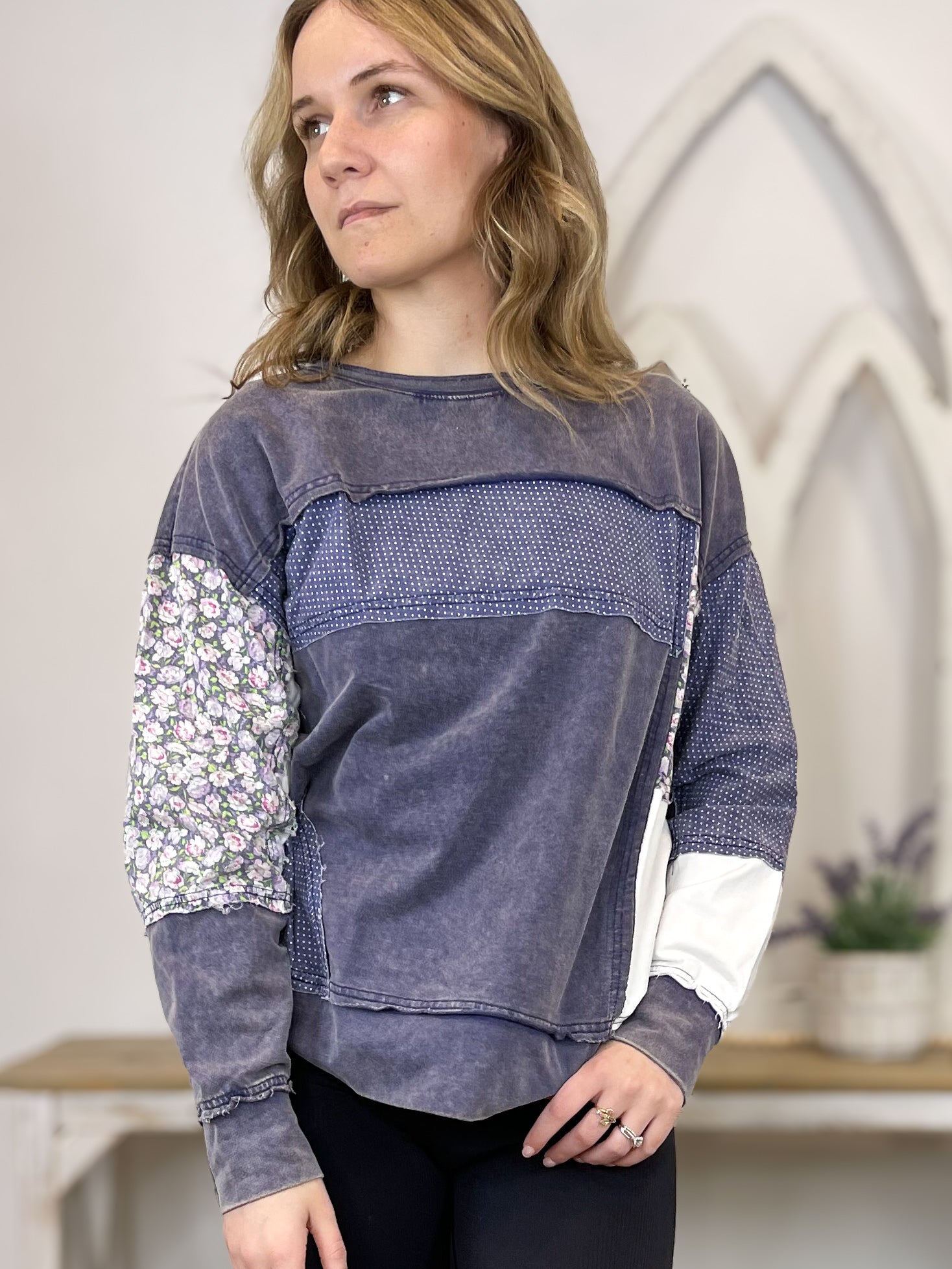 Indigo Patchwork Crewneck Sweatshirt - Lavender Hills BeautyWhite BirchT10586XL - S