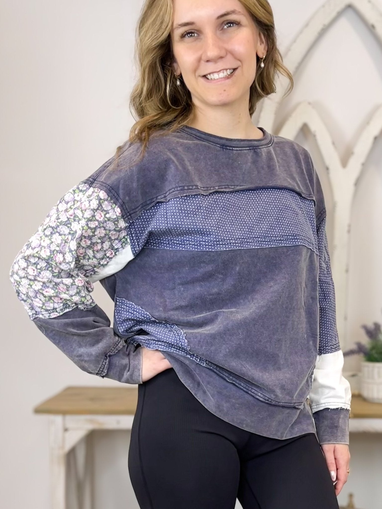 Indigo Patchwork Crewneck Sweatshirt - Lavender Hills BeautyWhite BirchT10586XL - S